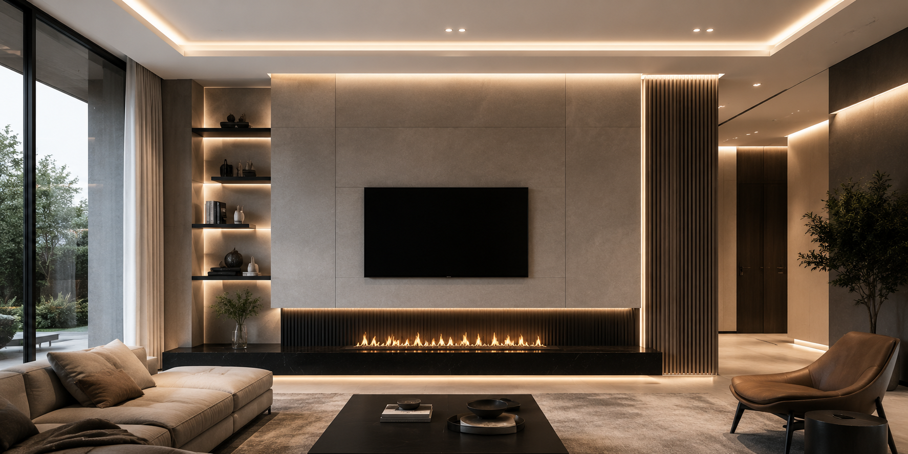 Ultra-modern fireplace wall with recessed lighting details, smooth architectural surfaces, hidden LED glow, luxury minimalist living room, sophisticated contemporary interior