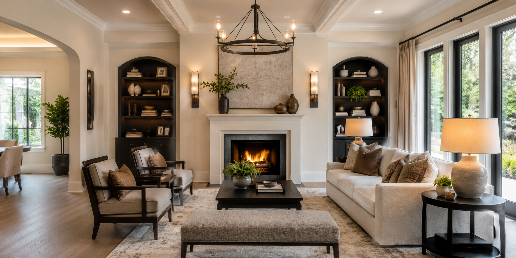 Transitional living room with mixed material fireplace sconces combining wood, glass, and metal, balanced modern and traditional décor, layered warm lighting, elegant fireplace styling