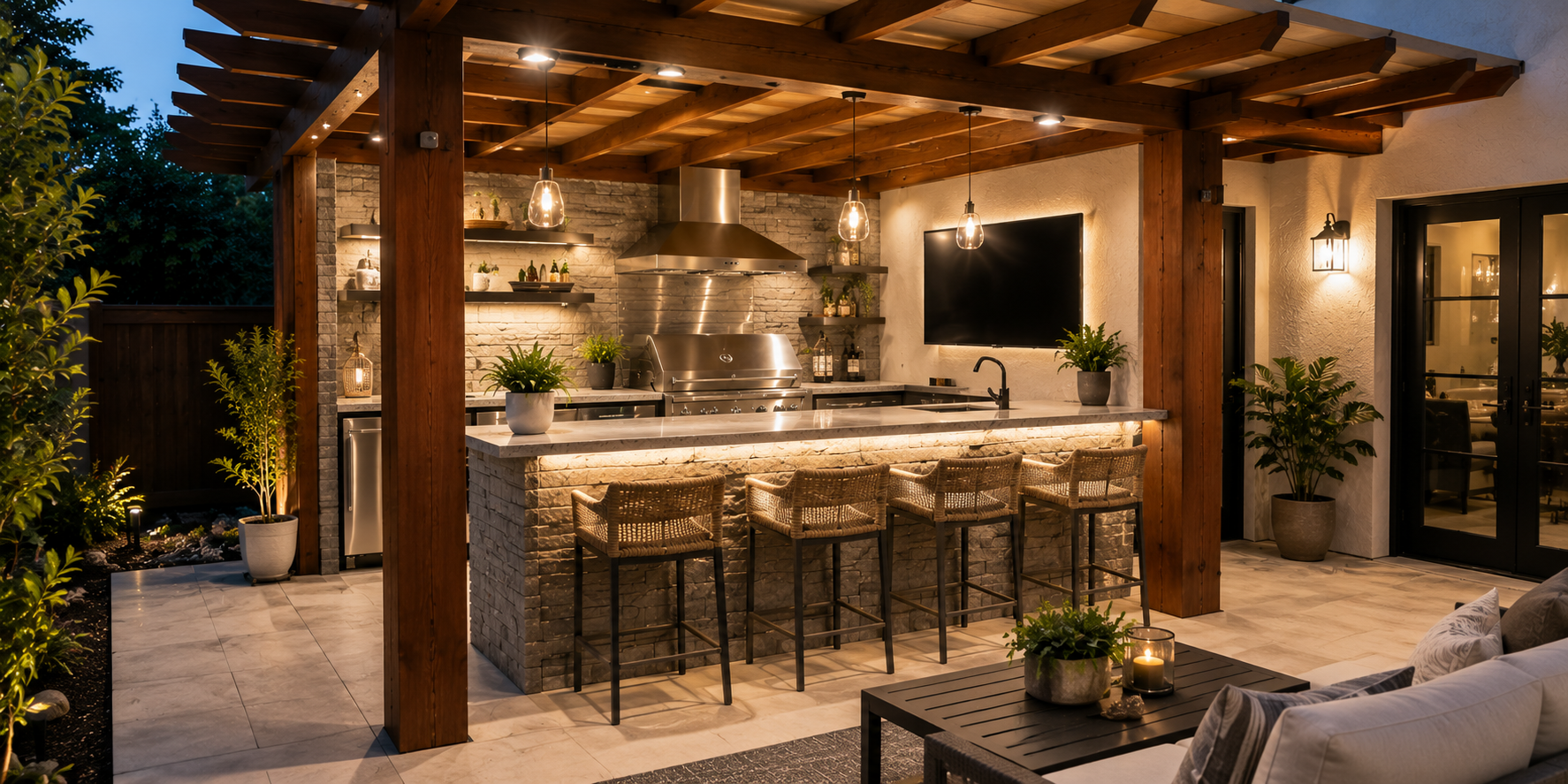 Compact pergola-covered patio kitchen with wooden beams, integrated lighting, and stone counter island.