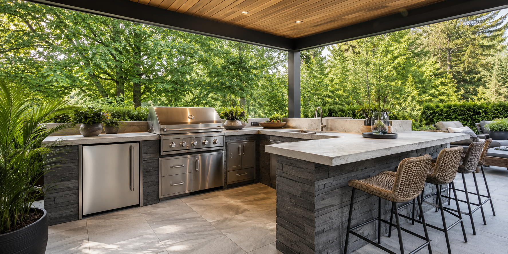 Small L-shaped outdoor kitchen with stainless grill, bar stools, and neutral stone countertop under cover.