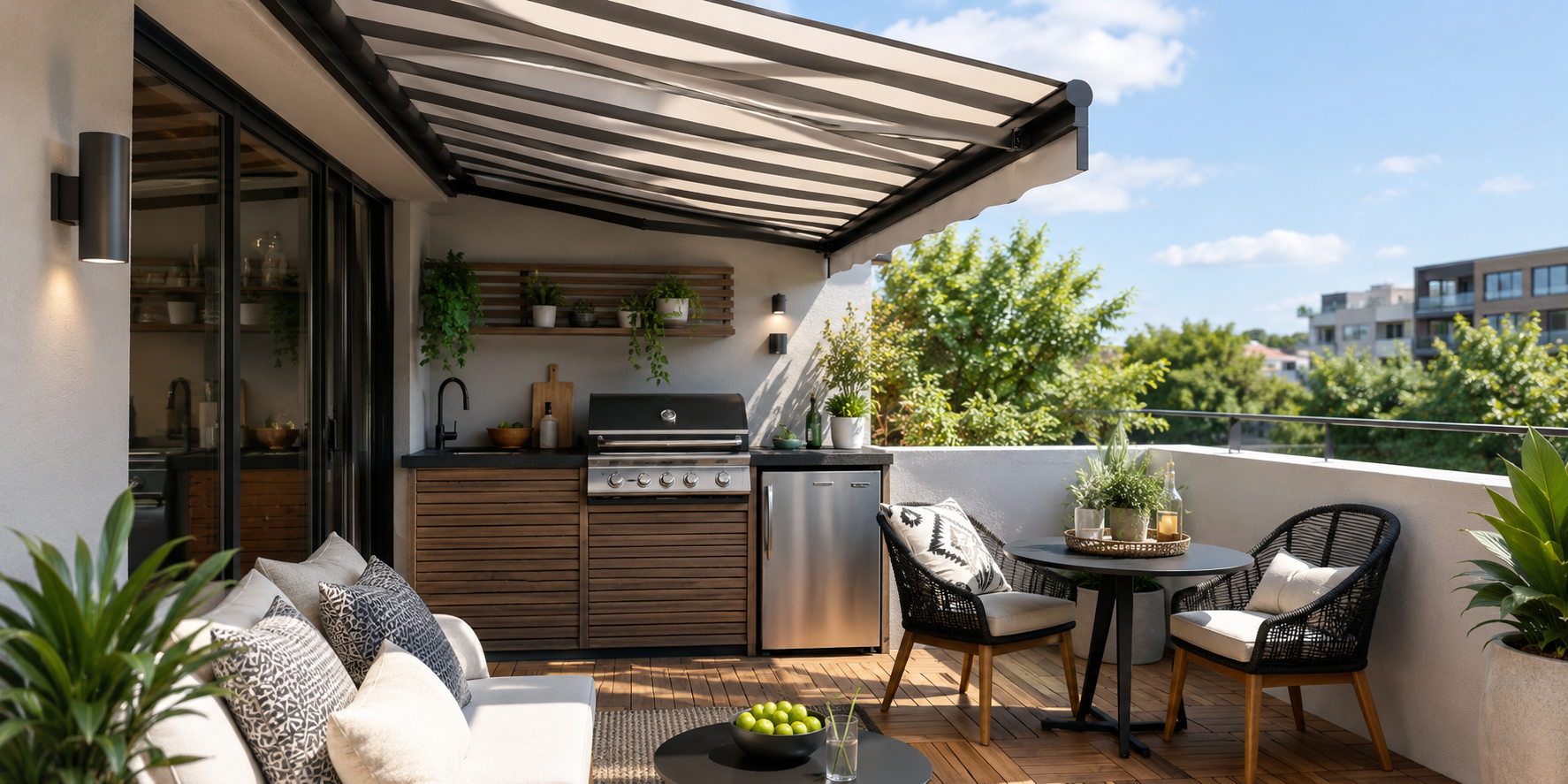 Tiny terrace kitchen with retractable striped awning and compact grill station beneath.