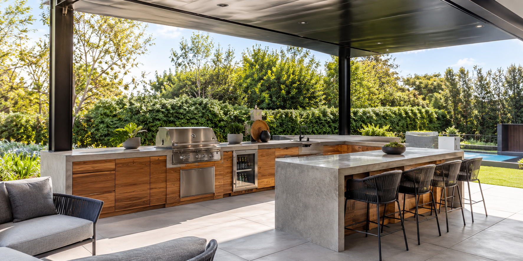 Outdoor kitchen with integrated base cabinets, teak finish, and concealed handles under a solid canopy.