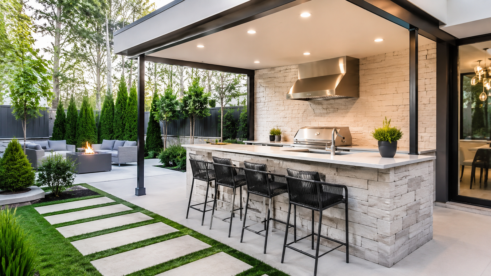 Small roofed patio kitchen with recessed ceiling lights illuminating stone counter and sink
