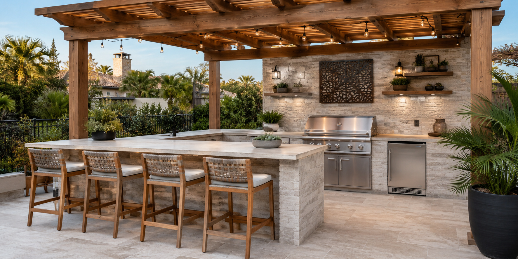 Compact outdoor kitchen featuring stone countertop, wood pergola, and matching bar stools.