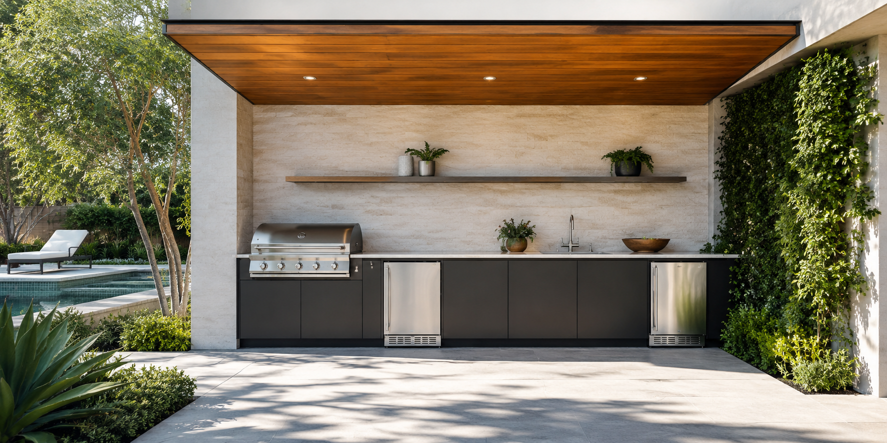 Narrow outdoor kitchen wall with compact stainless appliances beneath a wooden canopy.