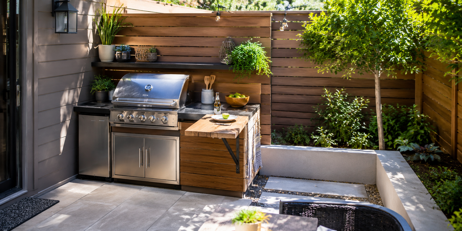 Tiny backyard kitchen with fold-down wooden counter extension beside grill.