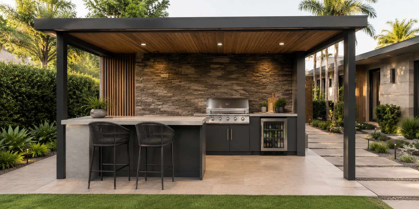 Compact covered kitchen with raised bar counter, two stools, and integrated mini fridge