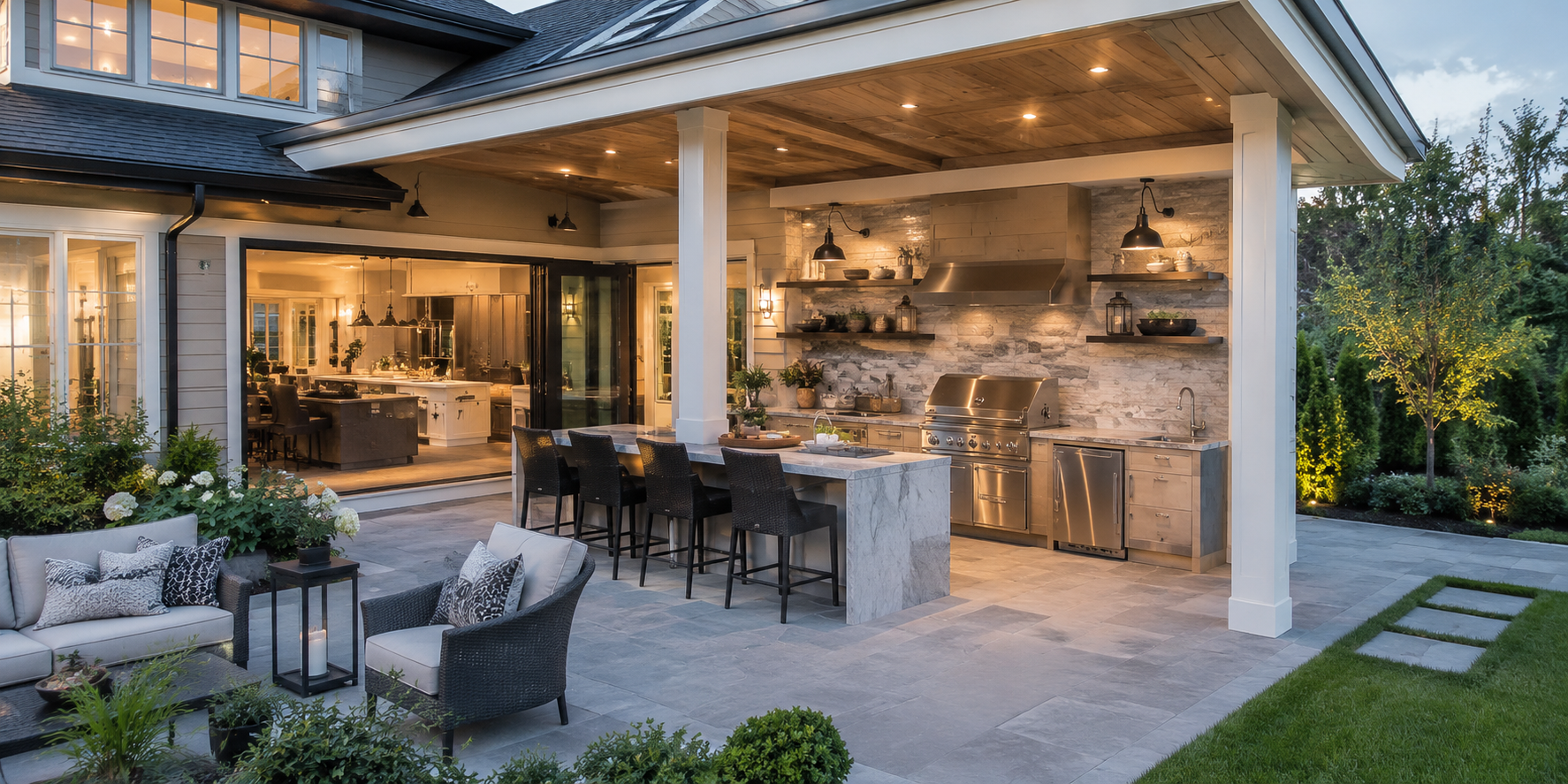 Covered patio kitchen using the same siding and roofline as the adjoining home for cohesive design.