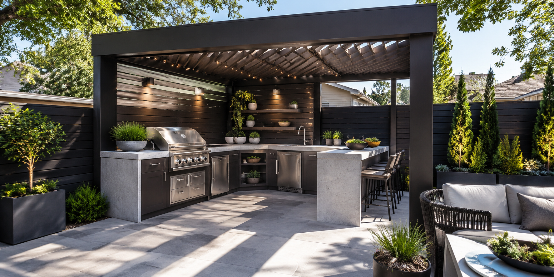 Small L-shaped outdoor kitchen with angled grill and corner shelving tucked beneath pergola.