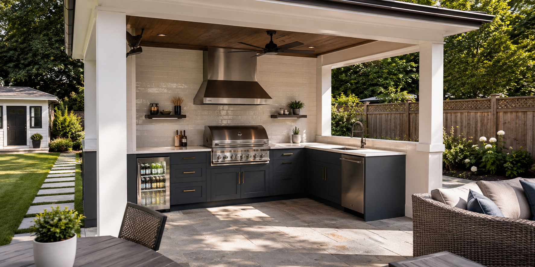 Compact covered outdoor kitchen with stainless vent hood and ceiling fan integrated into roof.