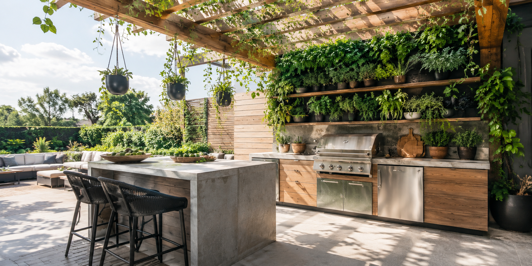 Outdoor kitchen with living-wall herbs, hanging planters, and vines climbing wooden beams.