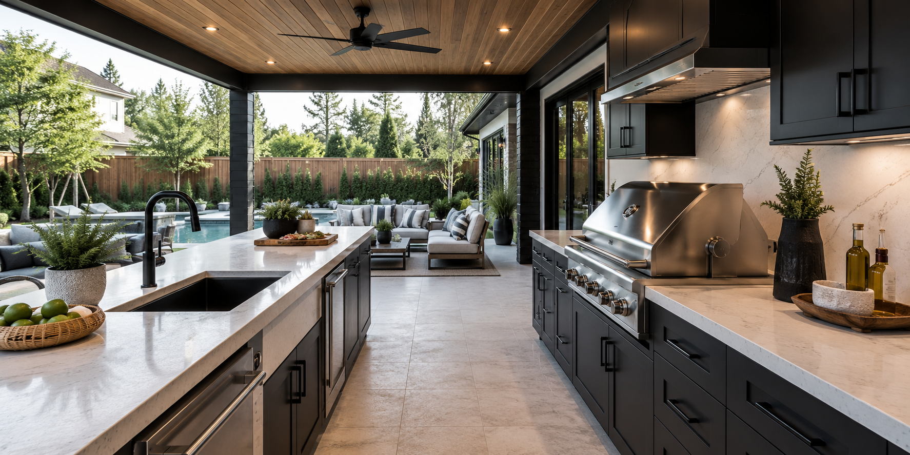 Covered patio kitchen with durable quartz counters, matte black fixtures, and waterproof cushions.