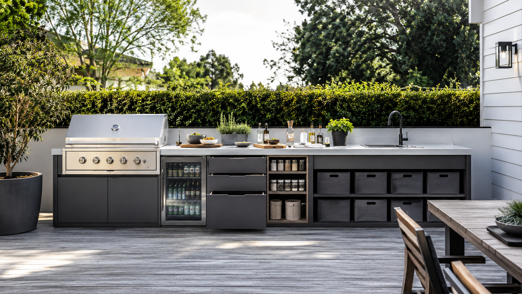 Compact outdoor kitchen with organized drawers, spice rack, and uniform storage bins.