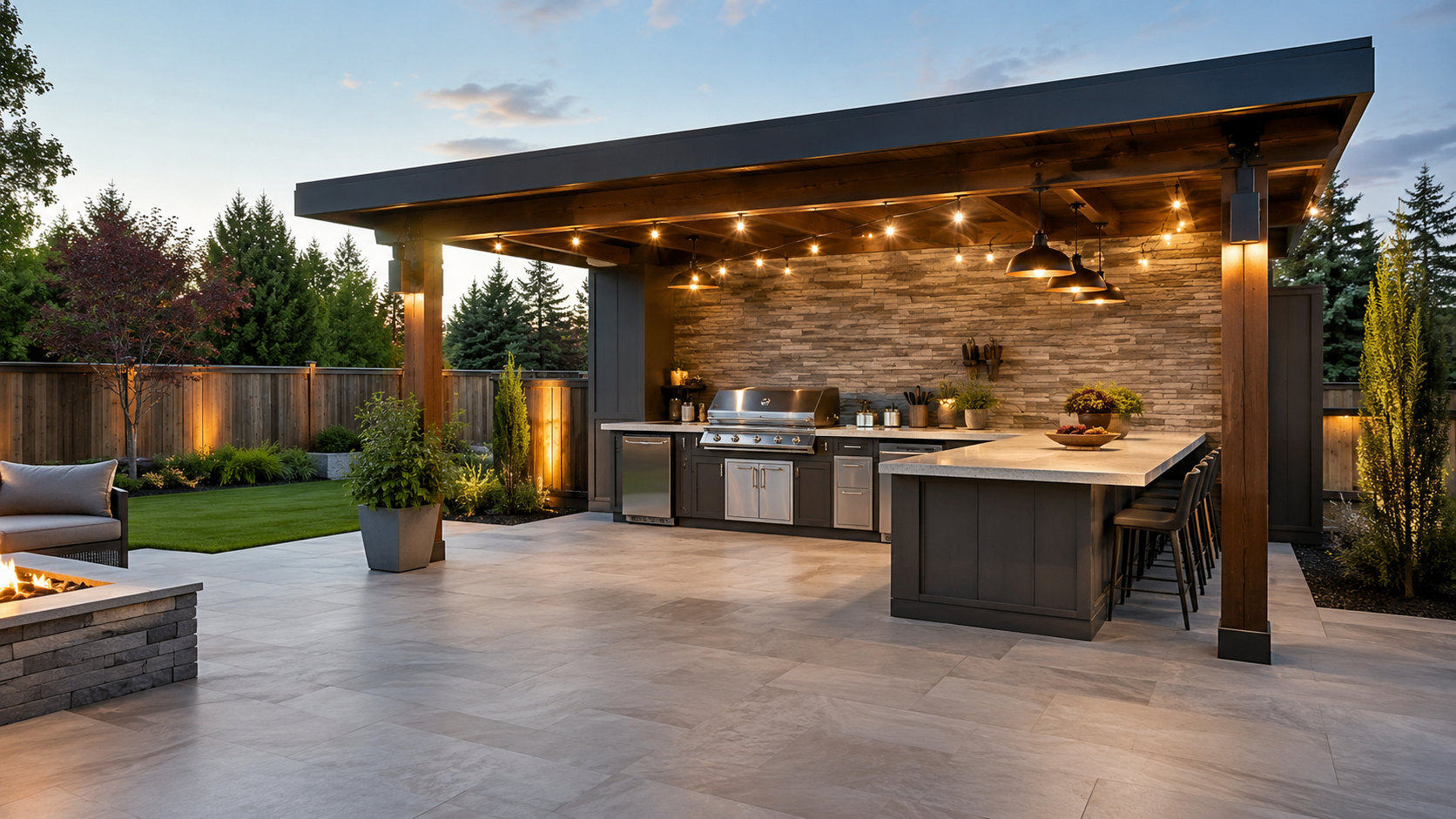 Small roofed kitchen glowing with pendant and string lights over a stone backsplash.