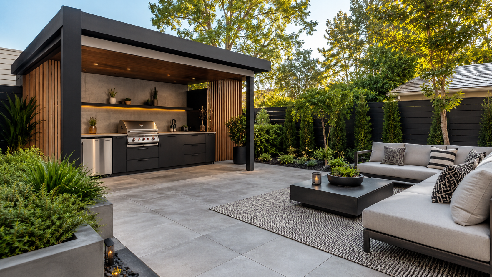 Small backyard layout where a covered kitchen opens directly onto the lounge area with shared flooring.
