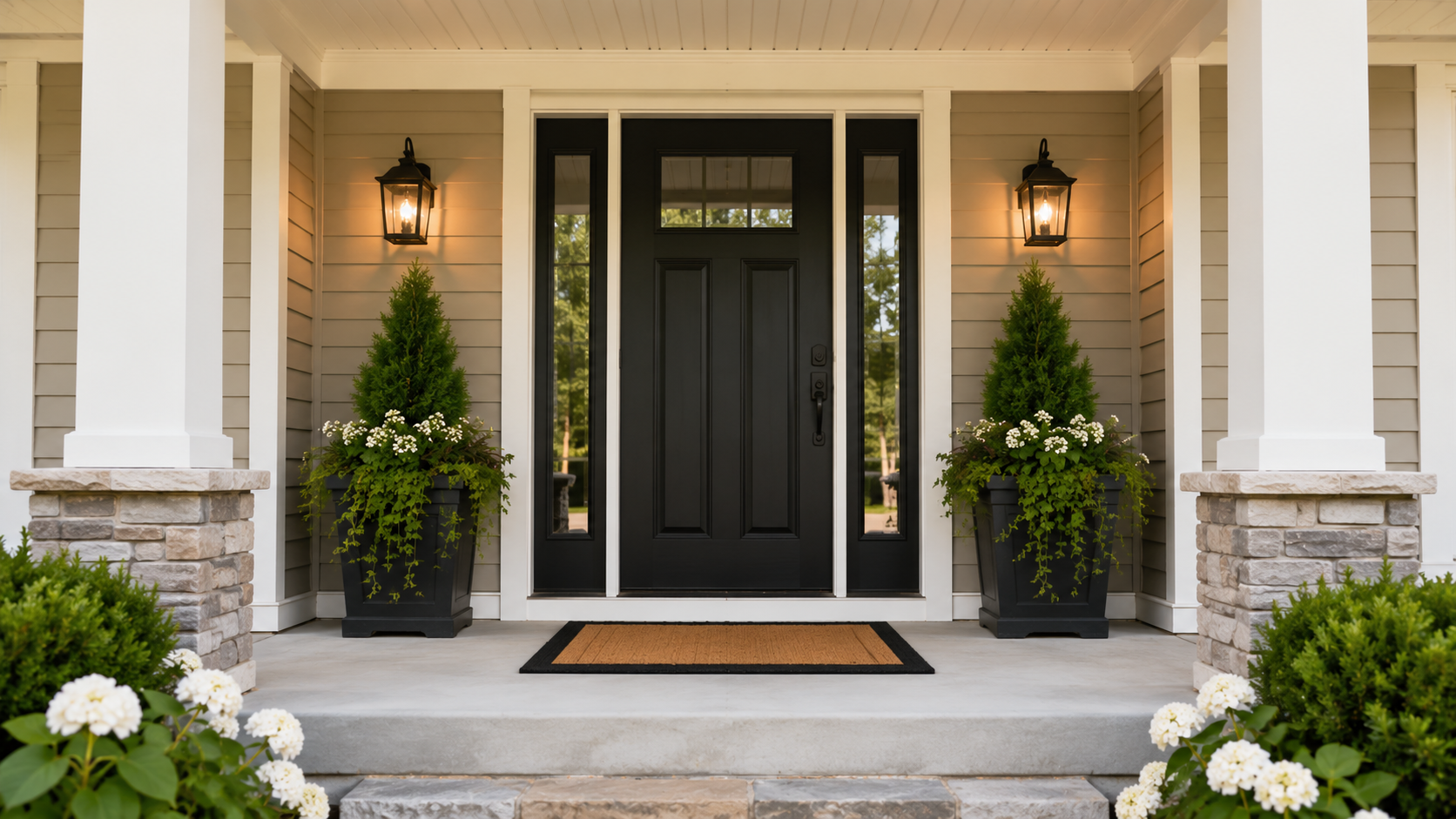 Front porch with matching planters, centered mat, and even lighting on both sides of the door.