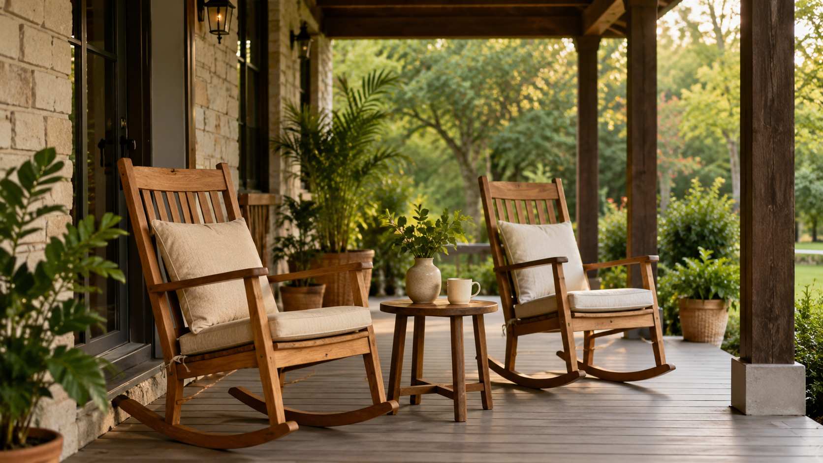 Wooden rocking chairs with neutral cushions and a small round table between them.