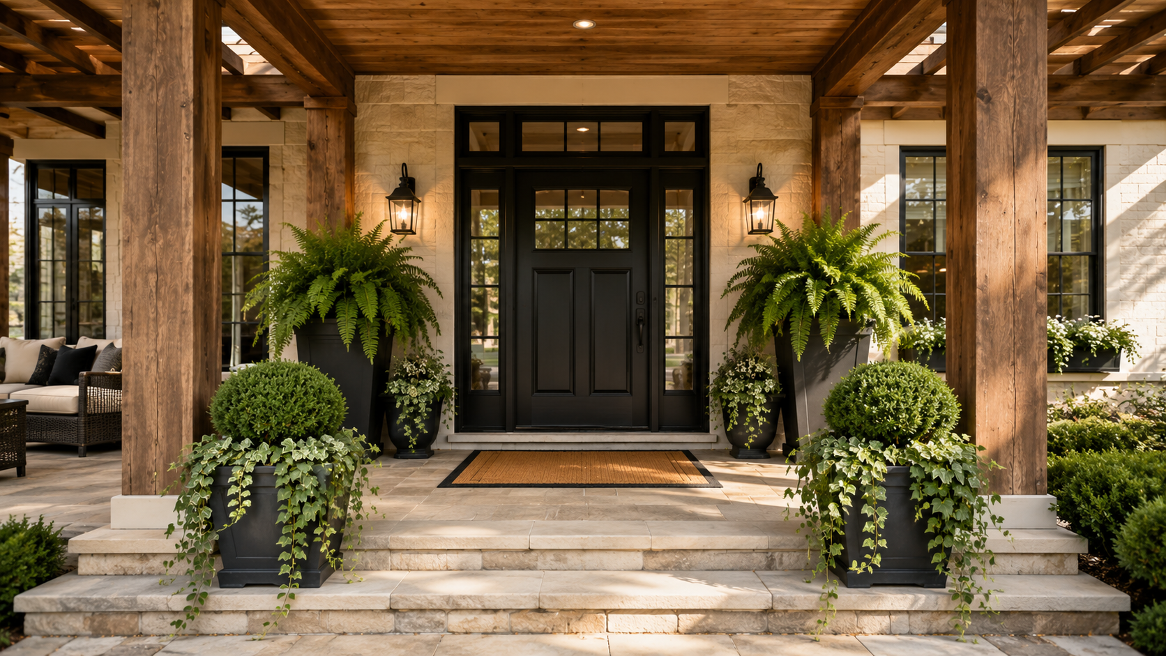 Front porch framed by layered planters of fern, ivy, and boxwood beneath a wood beam ceiling.