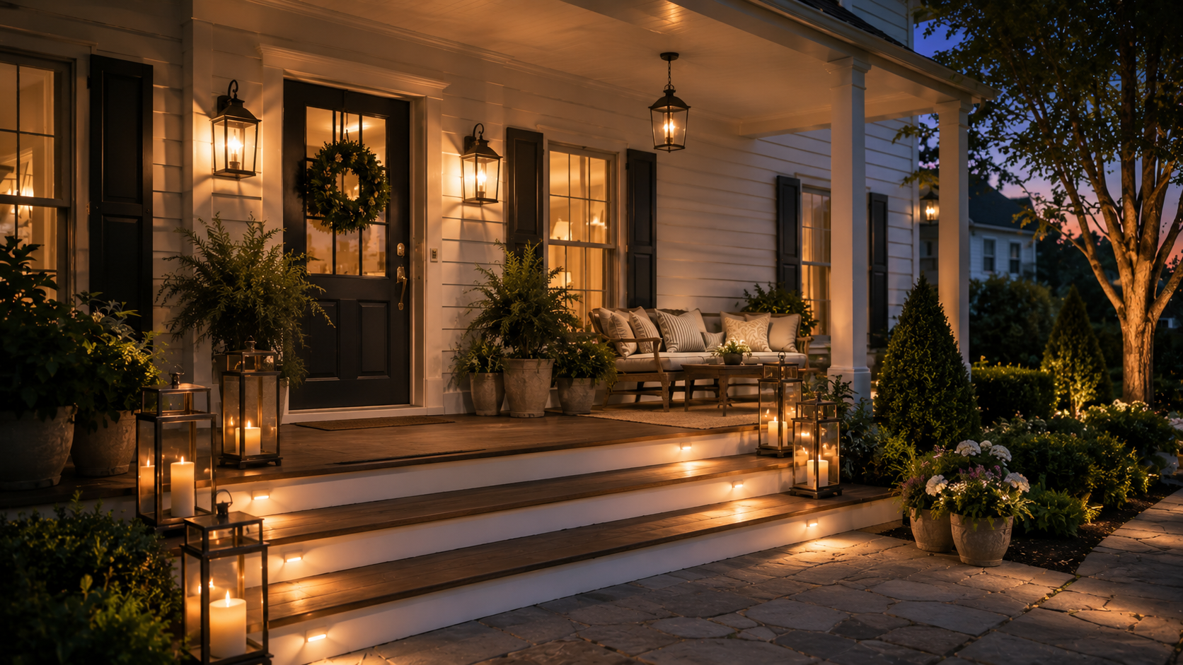 Front porch at dusk with wall lanterns, hanging pendant, and candle glow along steps.
