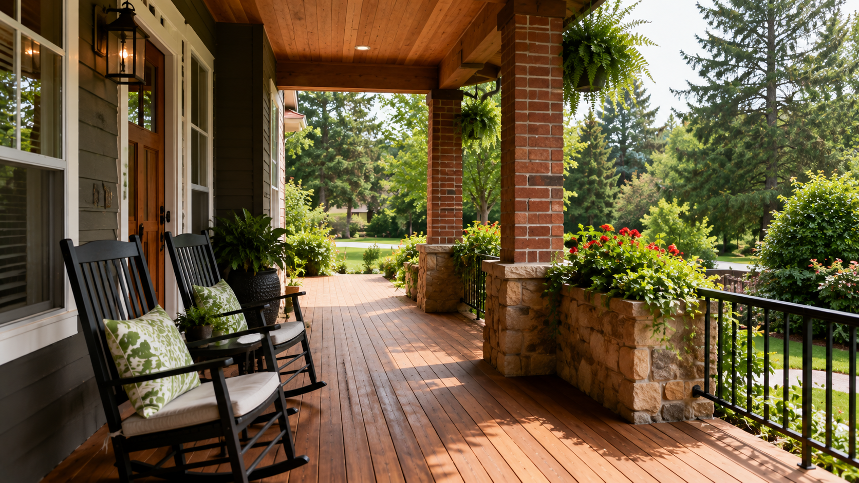 Porch decked in stained cedar with brick columns and stone planters.