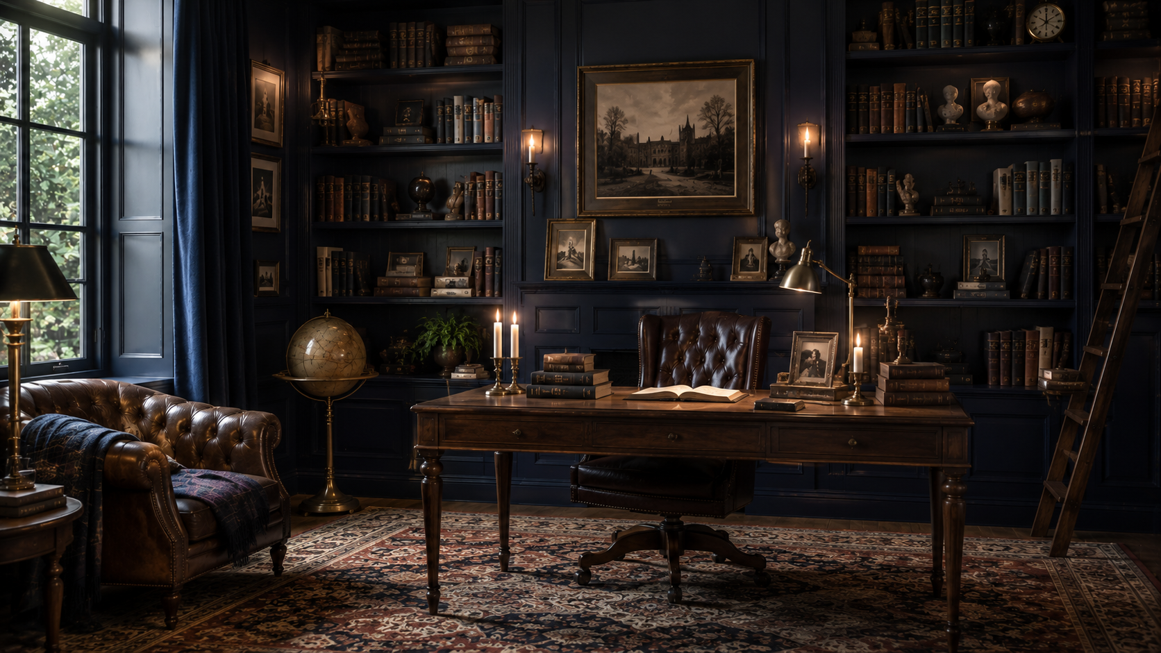 Dark academia library with navy walls, antique desk, leather chair, and soft candle glow.