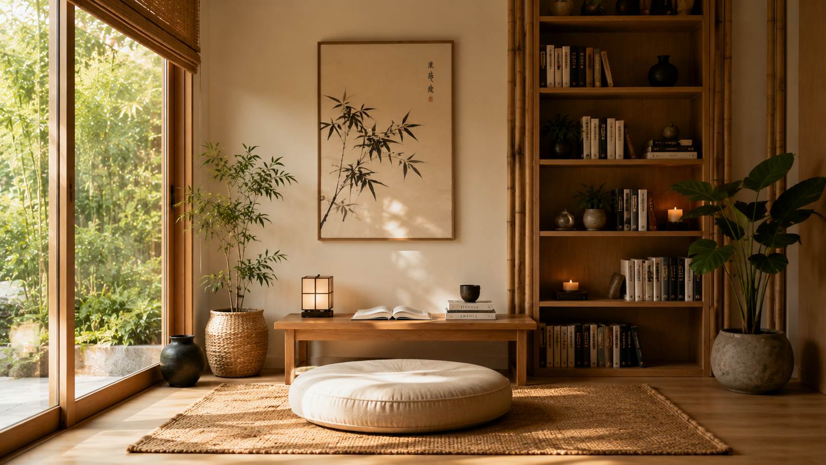 Minimalist Zen reading space with floor cushion, bamboo details, and tranquil lighting.