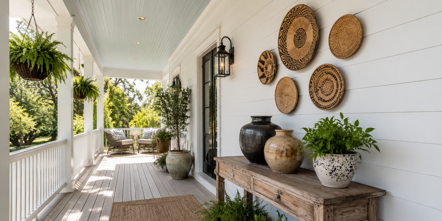 Porch wall styled with woven basket art above a rustic wooden console holding pottery.