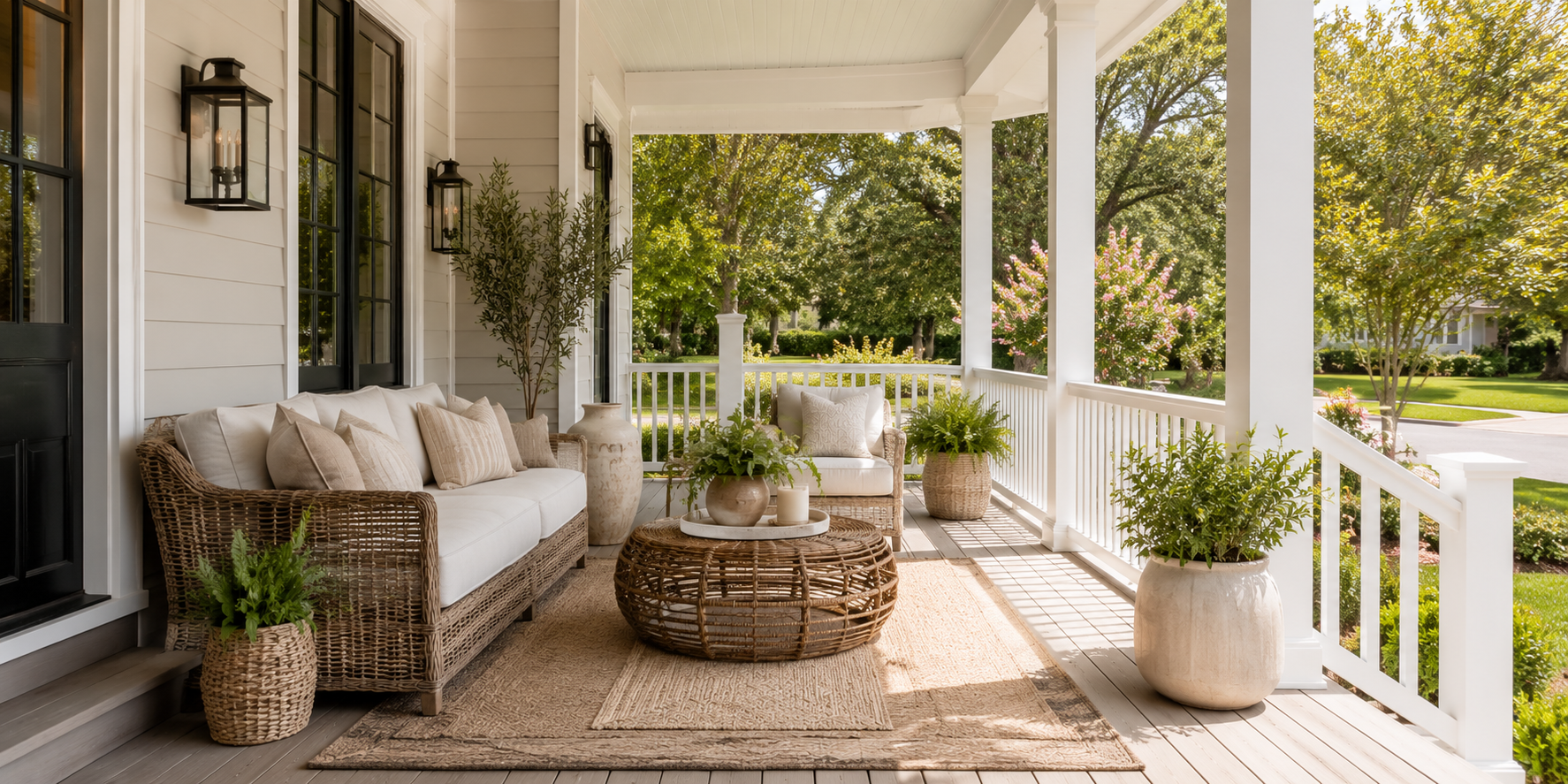 Neutral porch with layered jute rug, linen pillows, and rattan coffee table on wood decking.