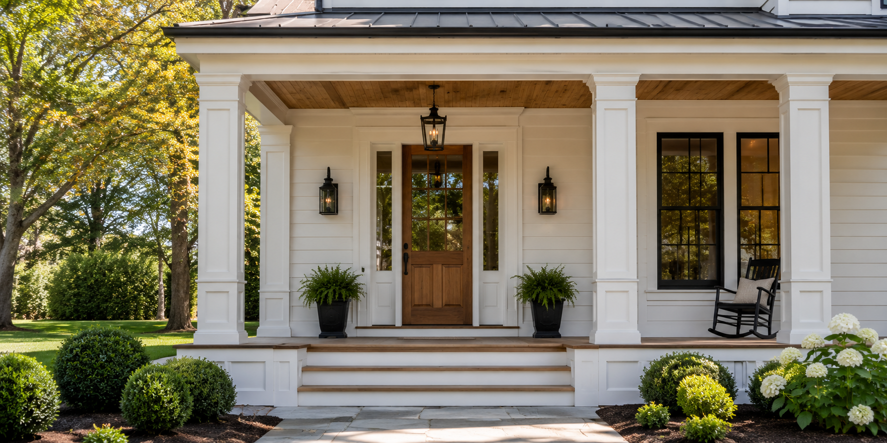 Front porch with white paneled columns, subtle molding, and matching trim outlining a wooden door.