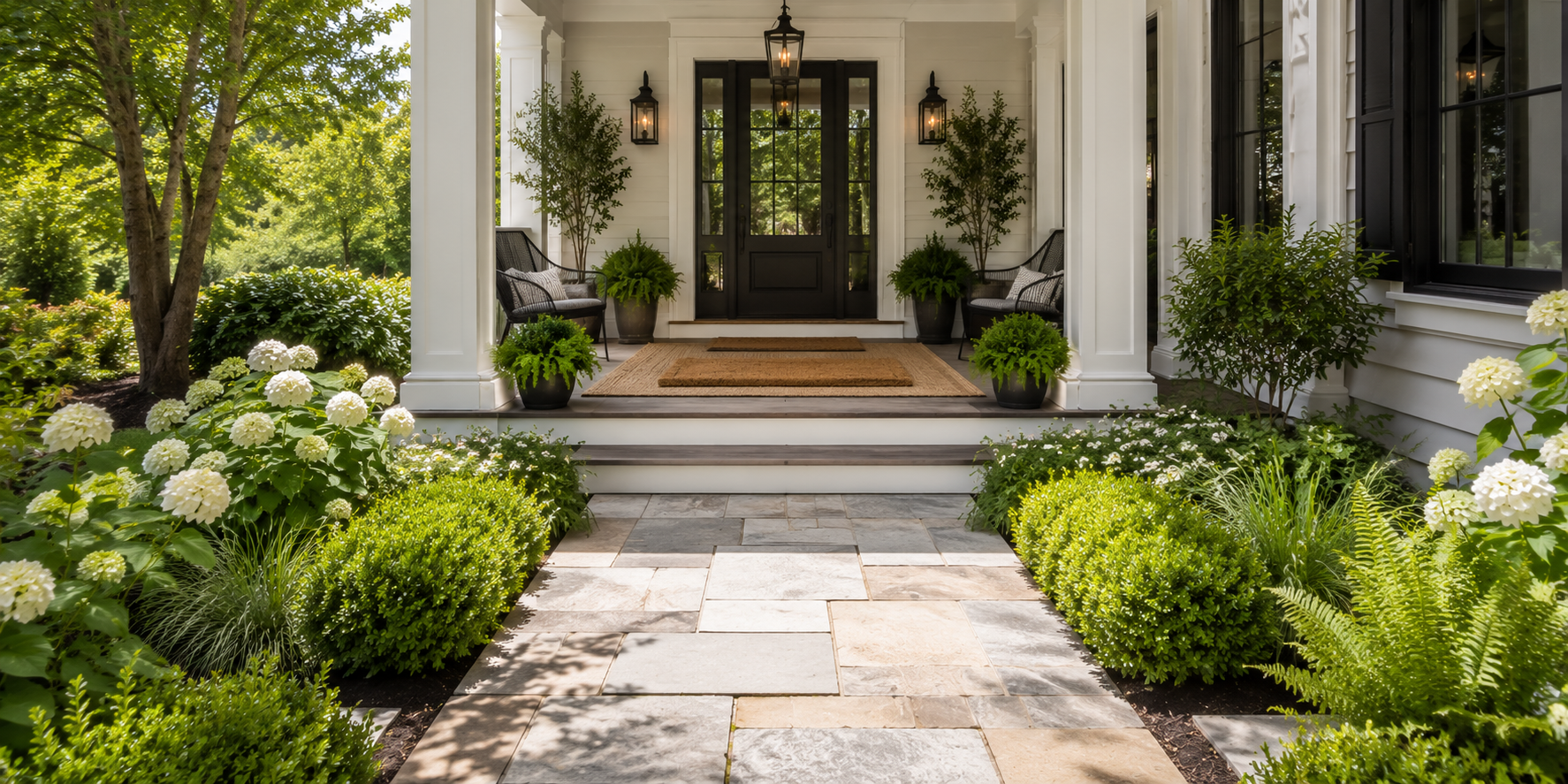 Stone walkway lined with greenery leading to wide coir mat layered over neutral outdoor rug.