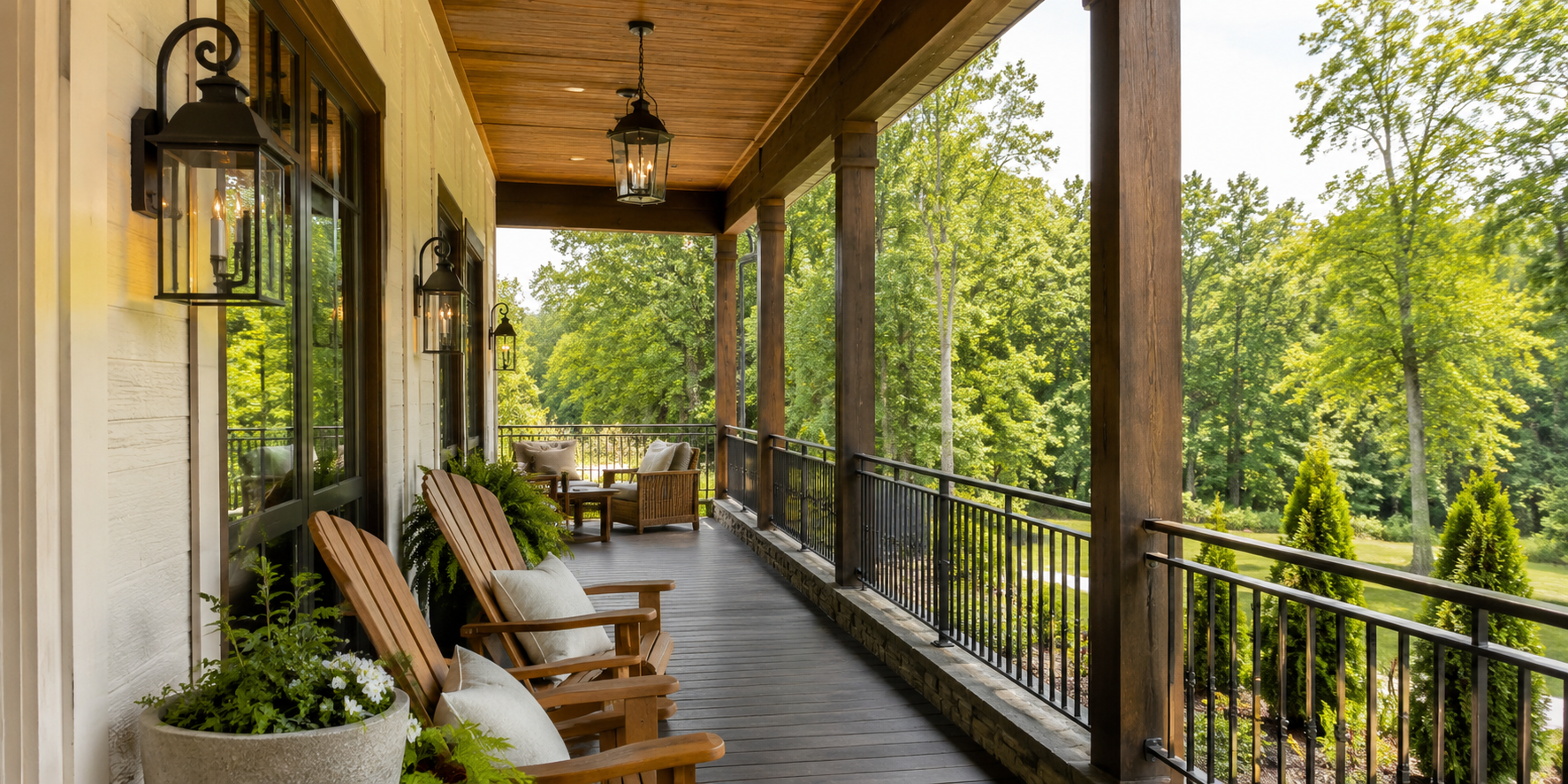 Porch featuring black metal lanterns, cedar chairs, and coordinating bronze railing.