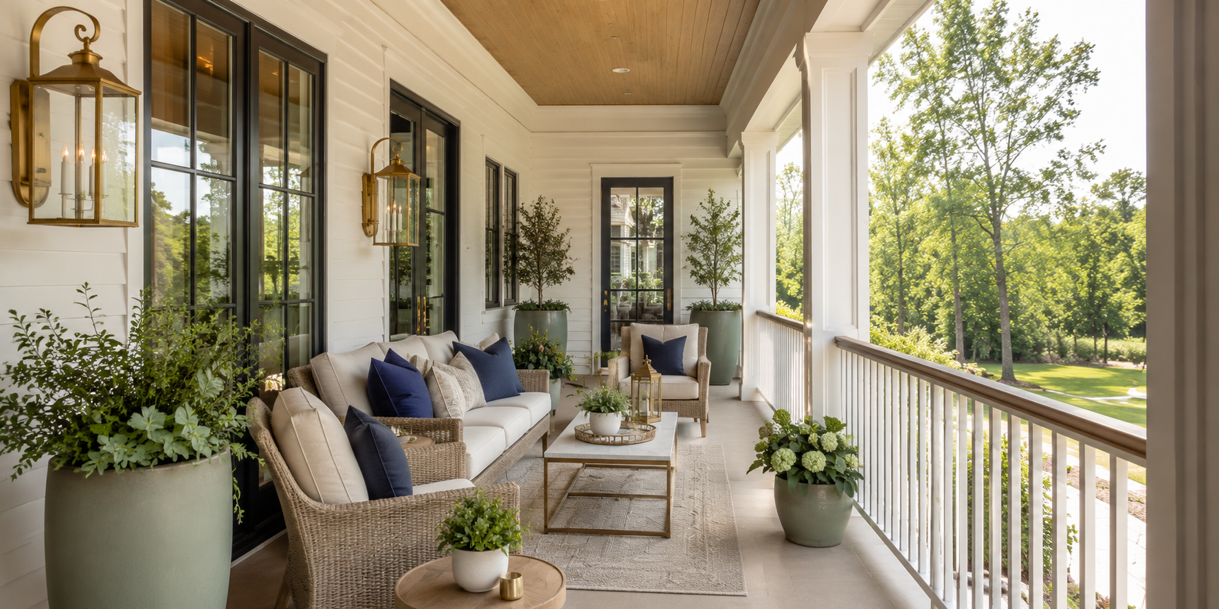 Porch styled in layered neutrals with navy pillows, sage planters, and warm brass hardware.