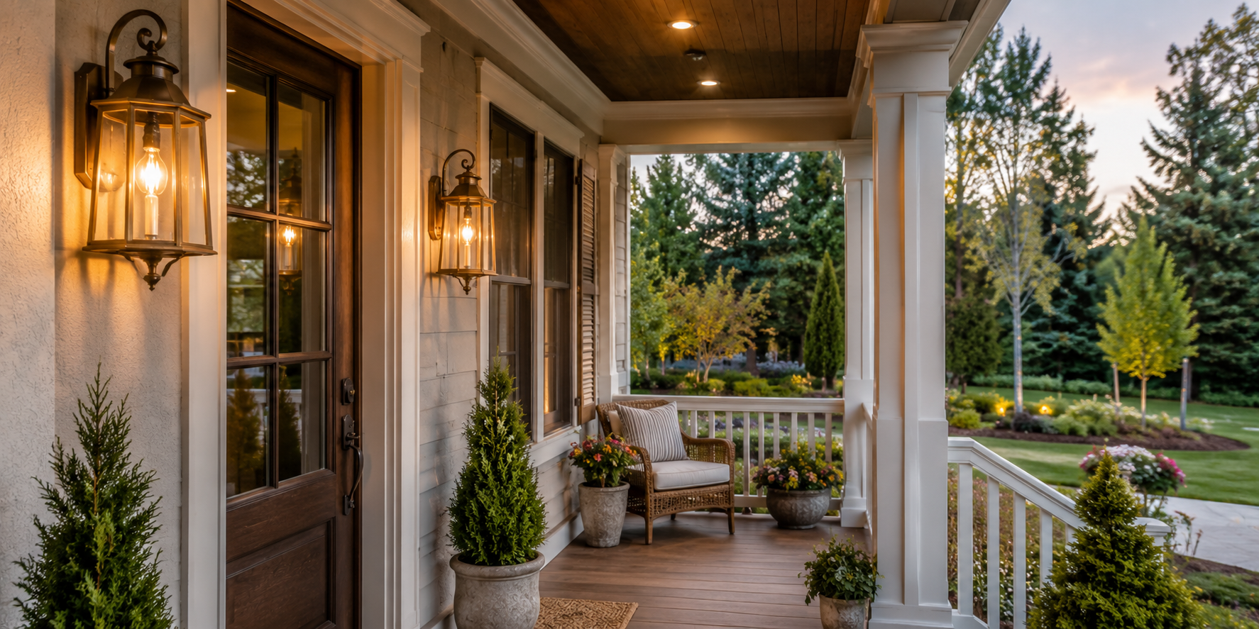 Front porch with brass wall lanterns and vintage-style filament bulbs casting warm light.