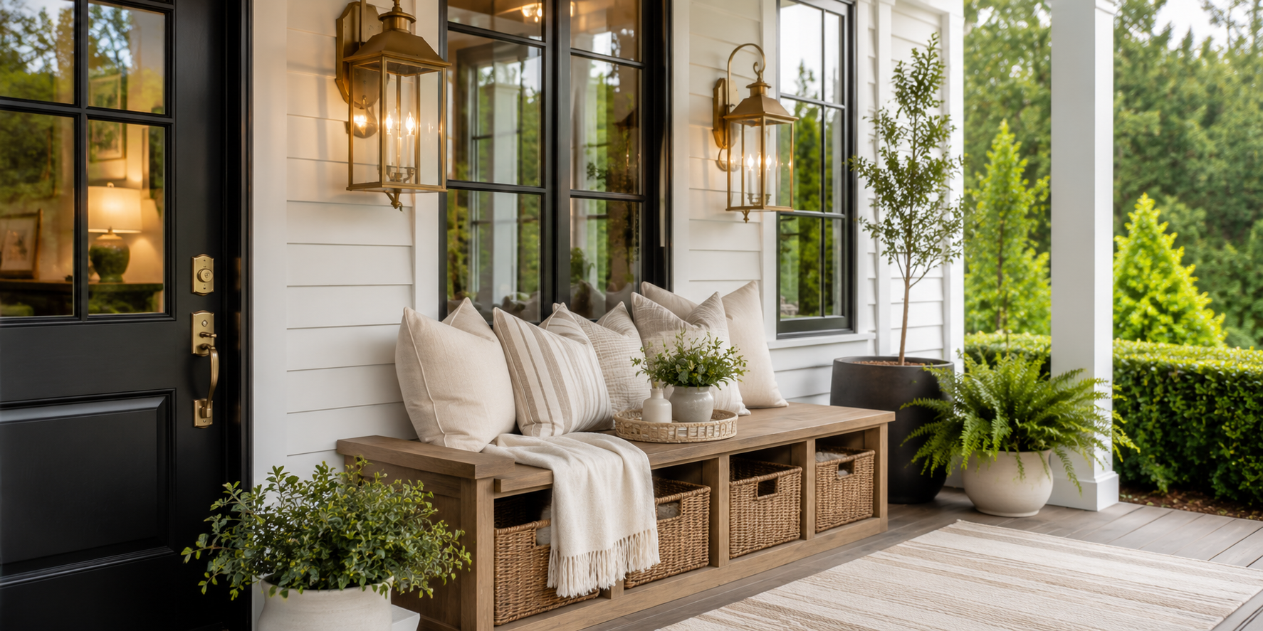 Storage bench with wicker baskets beneath, folded linen throws, and neutral accessories.