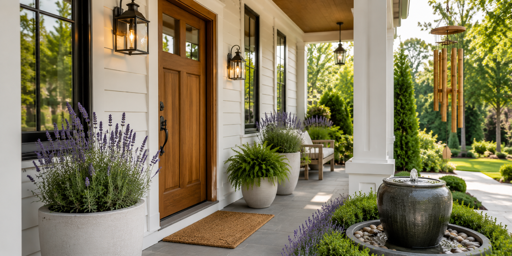 Front porch with lavender planters, ceramic fountain, and minimalist bamboo chime.