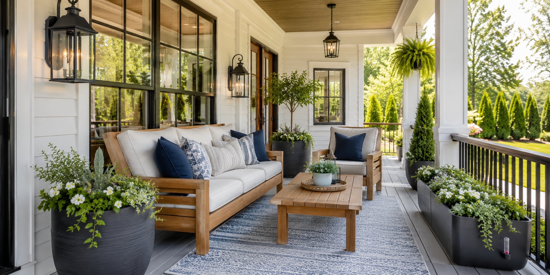 Durable outdoor setup with waterproof cushions, sealed teak furniture, and self-watering planters.