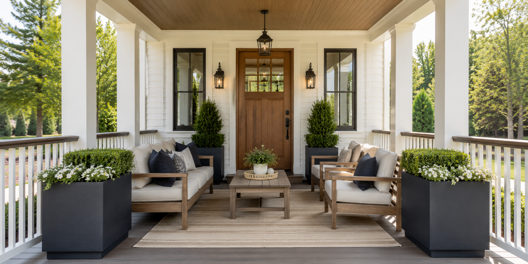 Medium porch with proportionate furniture and symmetrical planters aligned to railing height.