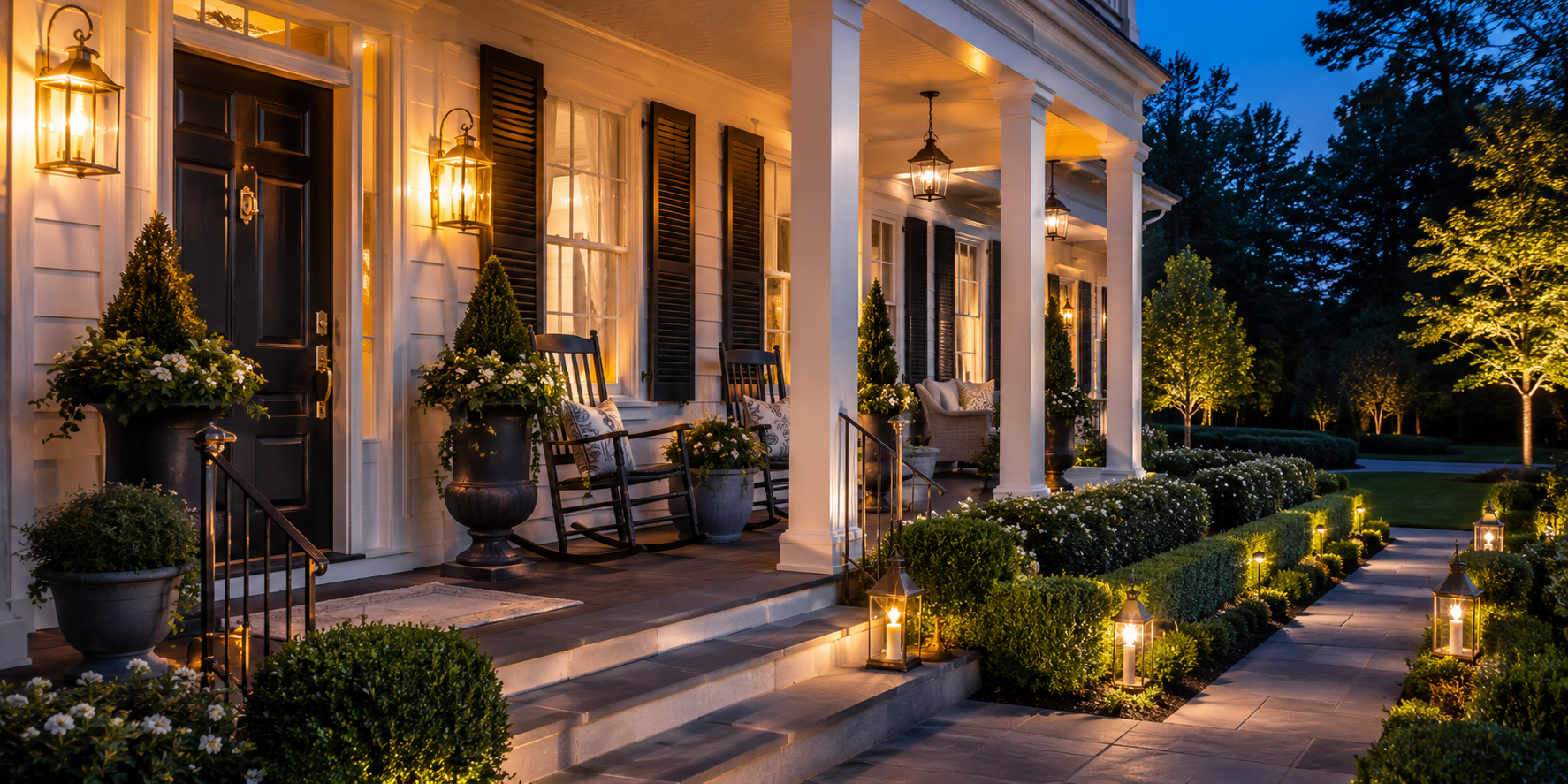 Front porch illuminated at twilight with glowing lanterns, trimmed hedges, and polished brass fixtures.