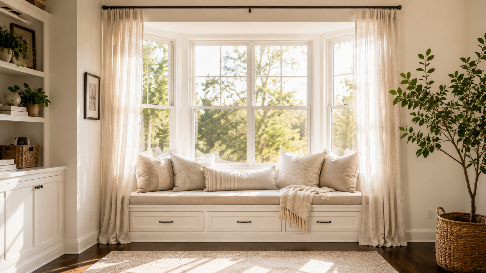 Bright window reading nook with built-in bench, linen cushions, soft curtains, and sunlight streaming through.