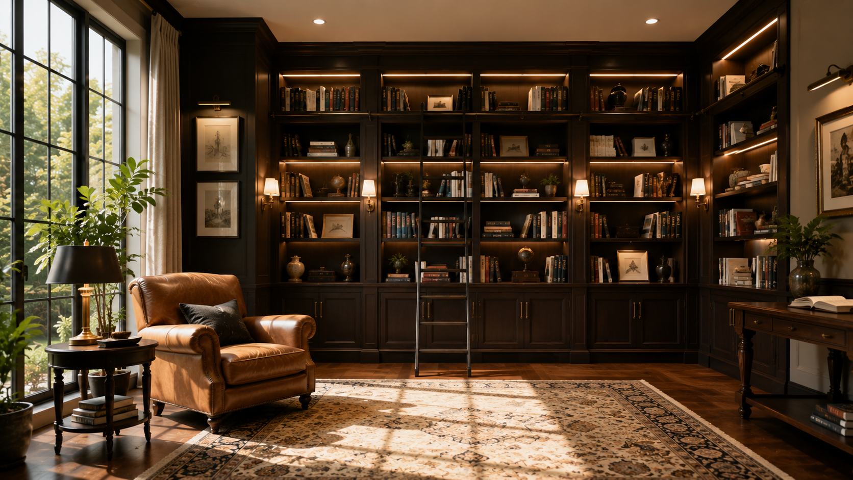 Elegant library with tall shelves, rolling ladder, warm lighting, and a large armchair beside rug.