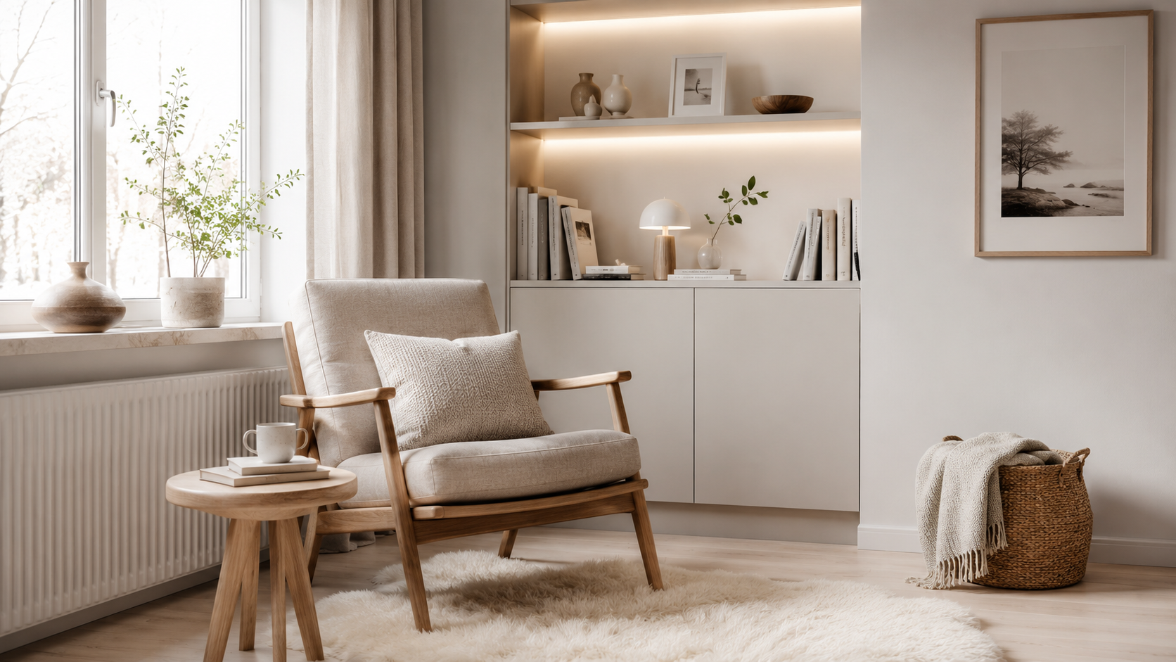 Minimal Scandinavian reading corner with light wood furniture, sheepskin rug, and neutral décor