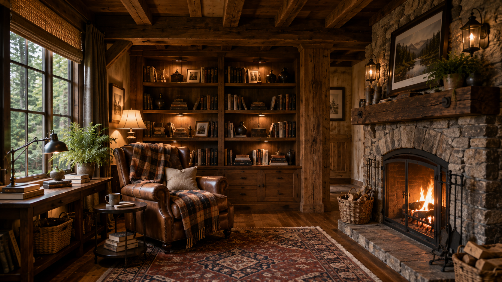 Rustic reading room with wooden beams, leather chair, plaid blanket, and stone fireplace glow.