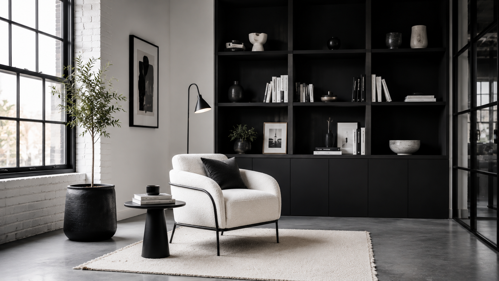 Modern monochrome loft with black shelving, white armchair, and minimal floor lamp.