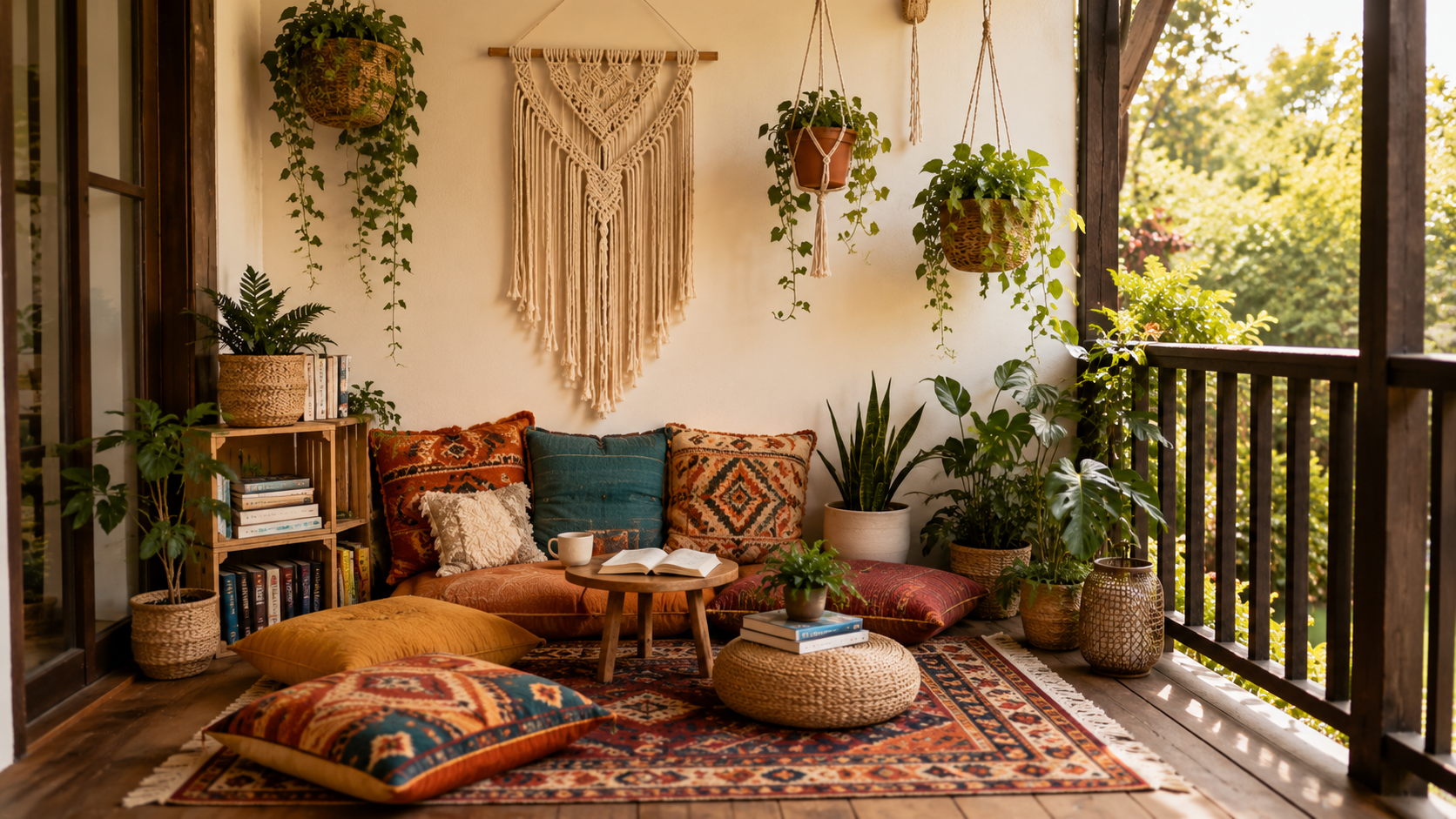 Bohemian reading corner with colorful rugs, macramé wall décor, floor cushions, and hanging plants.