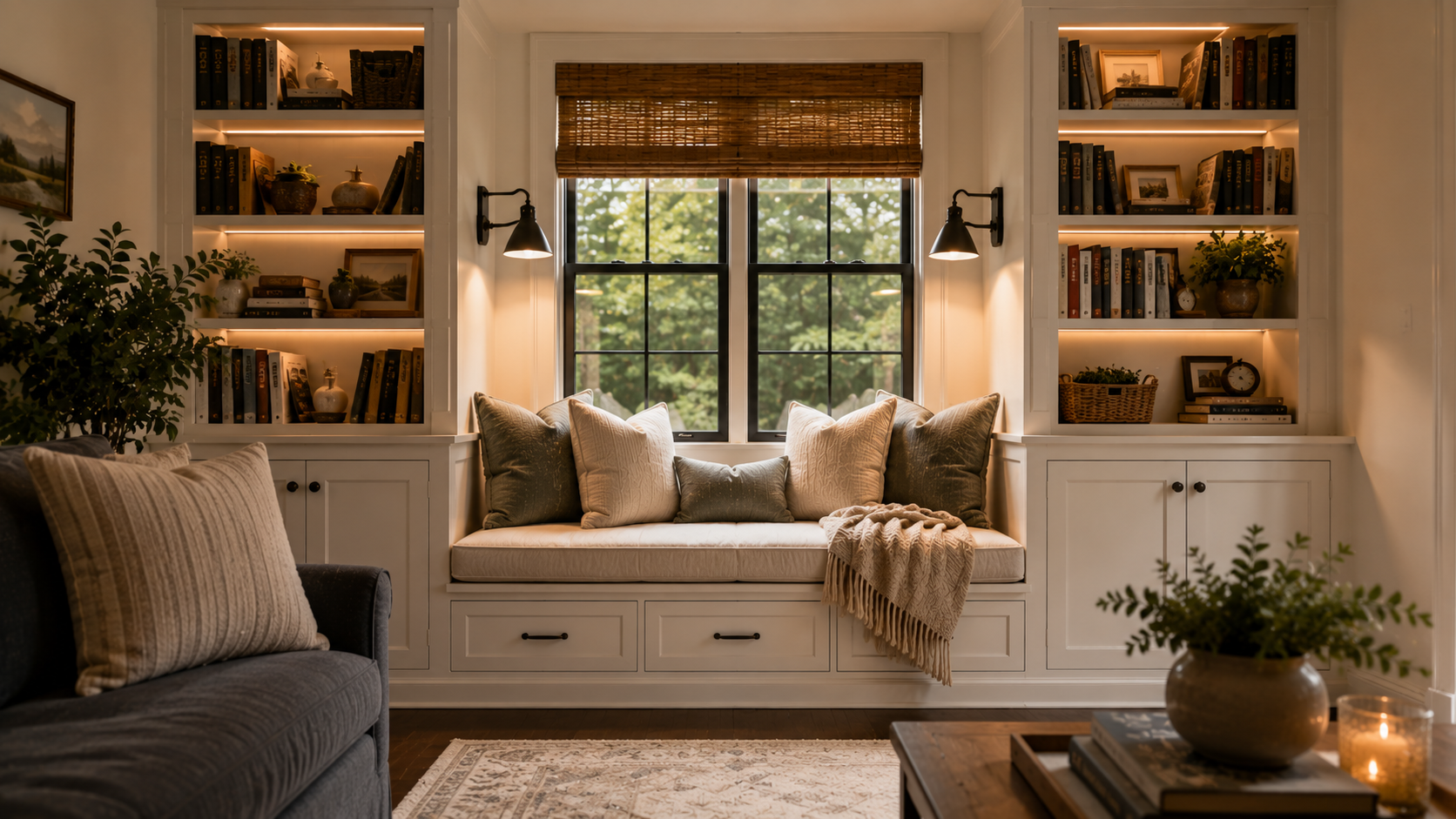 Cozy built-in bench with cushions, bookshelves on each side, and soft reading light.
