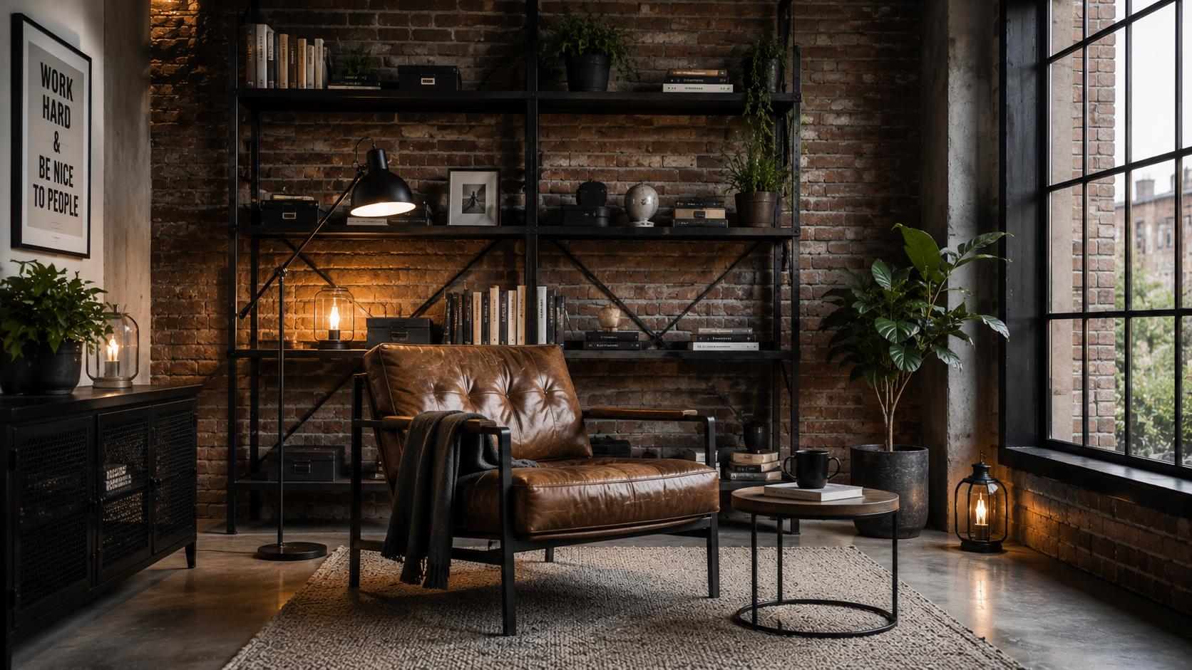 Industrial reading space with a brick wall, black metal shelves, a leather chair, and warm lighting.