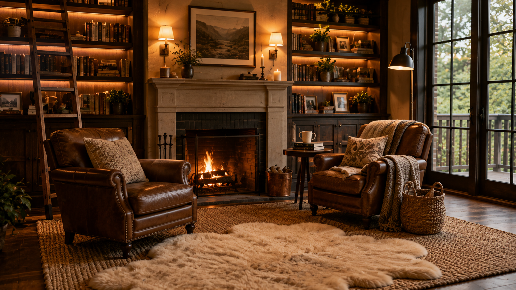Reading room with fireplace, armchairs, wool rug, and soft amber lighting.