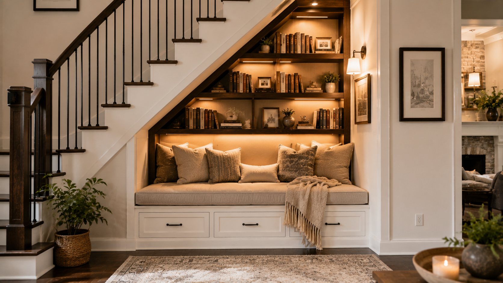 Reading nook under stairs with shelves, cushions, and ambient lighting.
