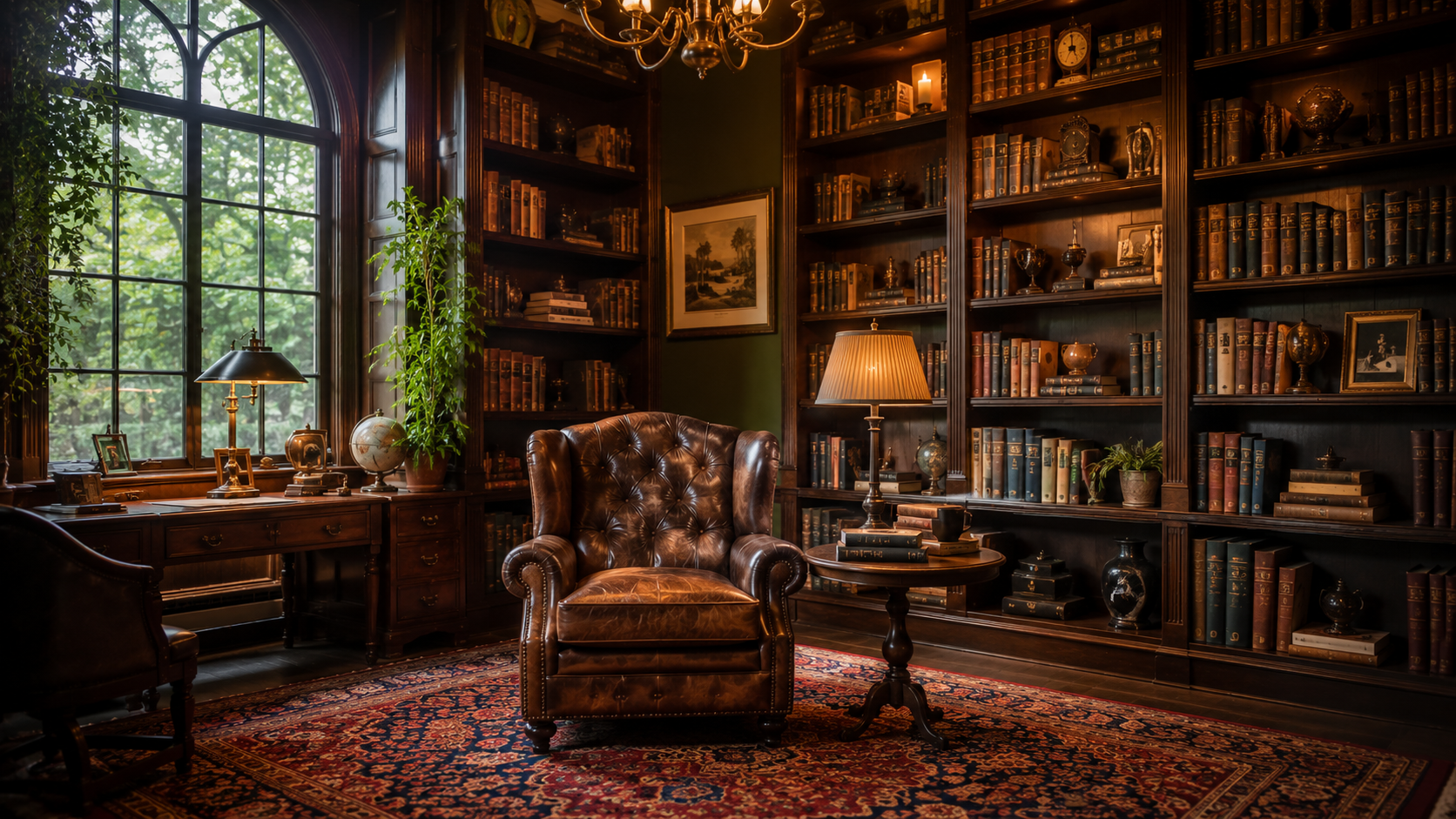 Vintage library with dark wood shelves, leather chair, patterned rug, and warm light.