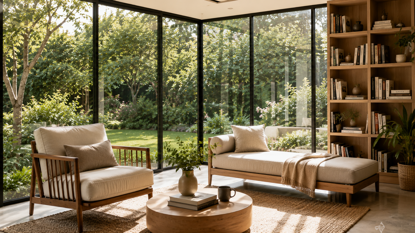 Glass-walled reading room overlooking garden, neutral furniture, and soft sunlight.